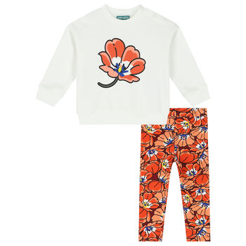 Younger Girls Ivory & Orange Boke Flower Leggings Set
